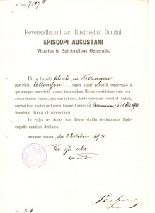Urkunde von 1901 über die Erlaubnis zur Messfeier in Nittingen
